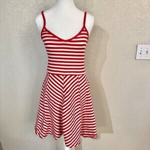 SO Sz Medium Hot Pink White Striped A Line Skater Sun Dress Cotton Knit Summer